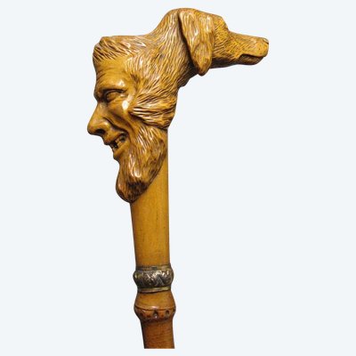 Canne d'Art Populaire Pommeau En Buis Sculpté d'Une Tête De Grotesque Et d'Une Tête De Chien. 
