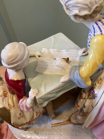 "The writing lesson after Chardin". Porcelain, 18th century style. Capodimonte early 20th century.