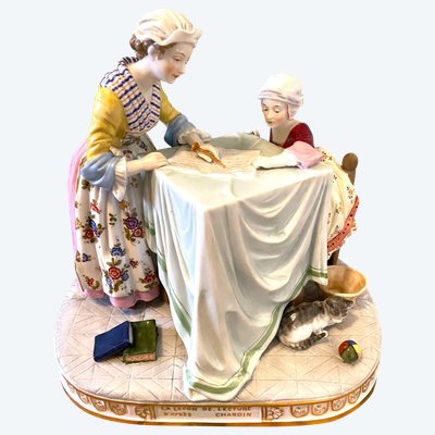"The writing lesson after Chardin". Porcelain, 18th century style. Capodimonte early 20th century.