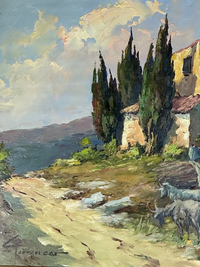 Peinture huile sur panneau "Scène provençale" par Georges Car