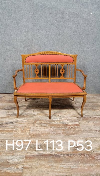Art Nouveau bench seat in light wood and marquetry, circa 1900