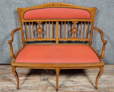 Art Nouveau bench seat in light wood and marquetry, circa 1900