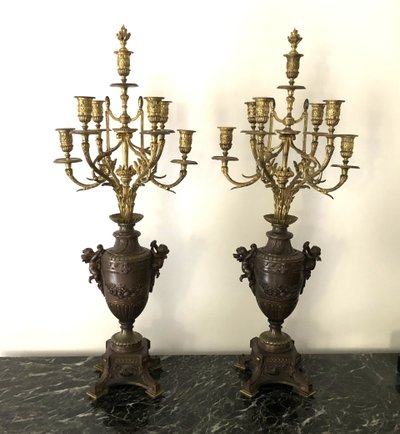 ancienne paire de grands candélabres / chandeliers à 7 feux en bronze doré 83 cm XIXème