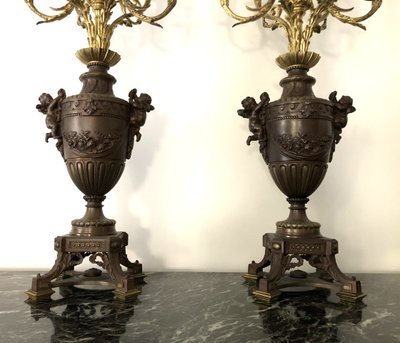 ancienne paire de grands candélabres / chandeliers à 7 feux en bronze doré 83 cm XIXème