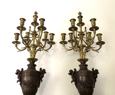 ancienne paire de grands candélabres / chandeliers à 7 feux en bronze doré 83 cm XIXème