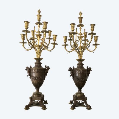 ancienne paire de grands candélabres / chandeliers à 7 feux en bronze doré 83 cm XIXème