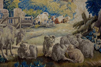 Großer Wandteppich von Aubusson: Bukolische Fischerszene, Werkstatt von Jean Dumonteil