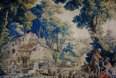 Großer Wandteppich von Aubusson: Bukolische Fischerszene, Werkstatt von Jean Dumonteil