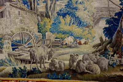 Großer Wandteppich von Aubusson: Bukolische Fischerszene, Werkstatt von Jean Dumonteil