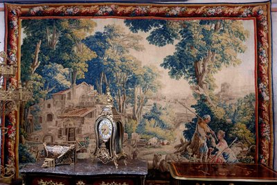 Großer Wandteppich von Aubusson: Bukolische Fischerszene, Werkstatt von Jean Dumonteil