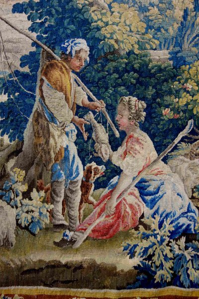 Großer Wandteppich von Aubusson: Bukolische Fischerszene, Werkstatt von Jean Dumonteil