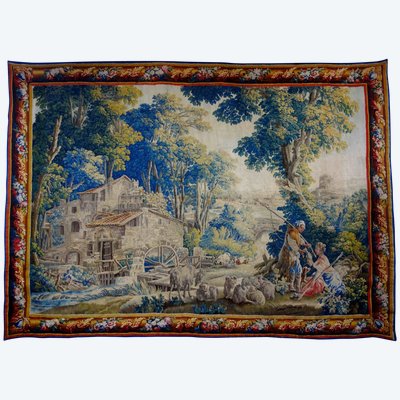 Großer Wandteppich von Aubusson: Bukolische Fischerszene, Werkstatt von Jean Dumonteil
