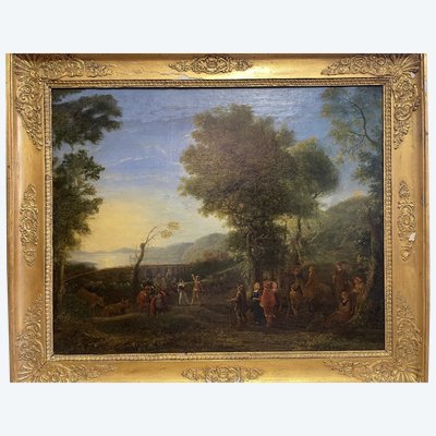 Öl auf Leinwand aus dem 17. Jahrhundert, das eine belebte Landschaft darstellt.