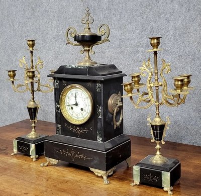 3-piece bronze and marble clock set, Napoleon III period, circa 1880