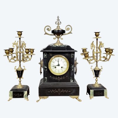 3-piece bronze and marble clock set, Napoleon III period, circa 1880