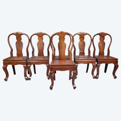 Asie XXeme: Series of 6 solid exotic wood chairs circa 1940