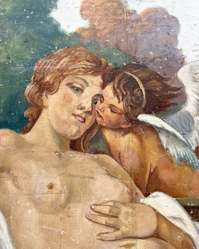 Große bemalte Leinwand, Liebende Allegorie in einem antiken Garten
