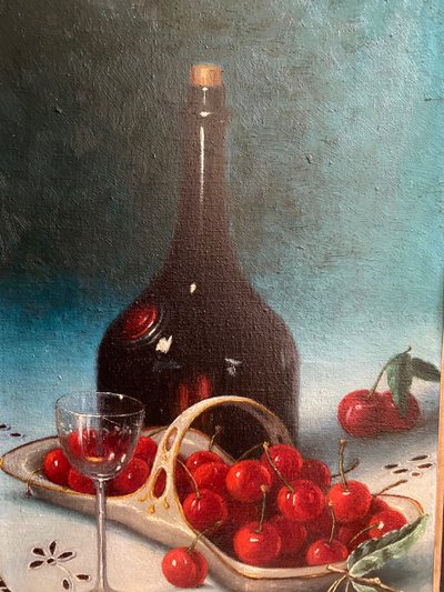 Nature morte aux cerises. Huile sur toile. Alger début XXème. Anne Mourre. 