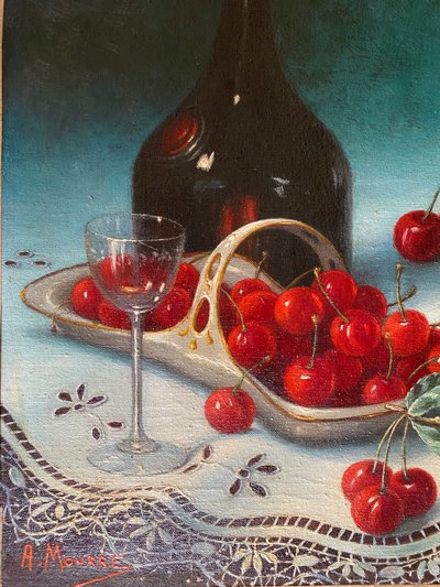 Nature morte aux cerises. Huile sur toile. Alger début XXème. Anne Mourre. 