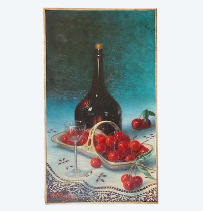 Nature morte aux cerises. Huile sur toile. Alger début XXème. Anne Mourre. 