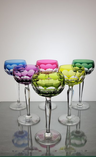 6 Val Saint Lambert crystal colored wine glasses