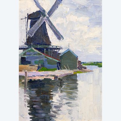 Georges BUYSSE 1864-1916 Mill in Belgium, painting, 1888 Impressionism Art Nouveau landscape
