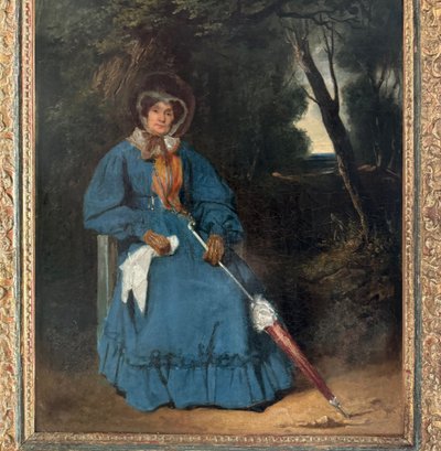 Oil on canvas, woman with umbrella in undergrowth, 19th century