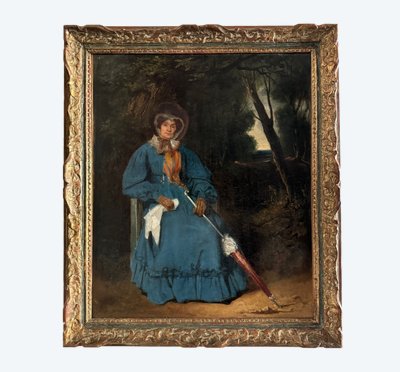 Oil on canvas, woman with umbrella in undergrowth, 19th century
