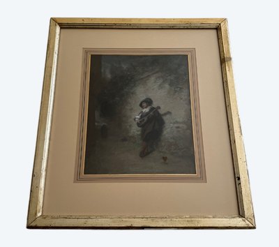 19th century watercolor on paper depicting a troubadour in a gilded frame