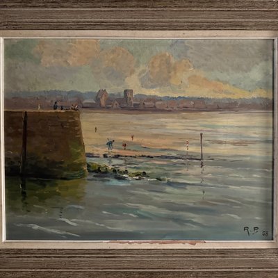 Oil on hardboard beachfront with fishermen on foot 1958 by R.P.