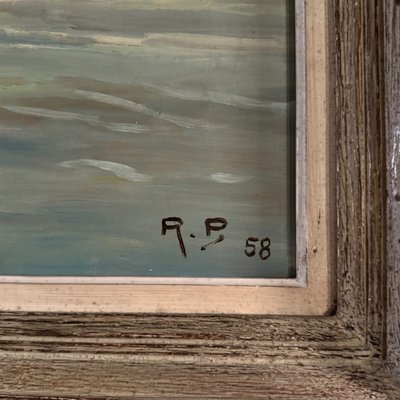 Oil on hardboard beachfront with fishermen on foot 1958 by R.P.