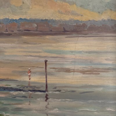 Oil on hardboard beachfront with fishermen on foot 1958 by R.P.