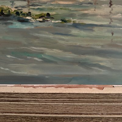 Oil on hardboard beachfront with fishermen on foot 1958 by R.P.