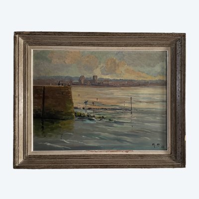 Oil on hardboard beachfront with fishermen on foot 1958 by R.P.