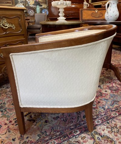 Pair of barrel armchairs in stained beech, recently upholstered