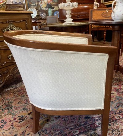 Pair of barrel armchairs in stained beech, recently upholstered