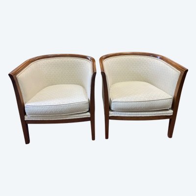 Pair of barrel armchairs in stained beech, recently upholstered