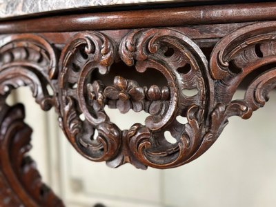 Console in legno intagliato Luigi XV, marmo grigio delle Ardenne, XVIII secolo