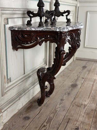 Console in legno intagliato Luigi XV, marmo grigio delle Ardenne, XVIII secolo