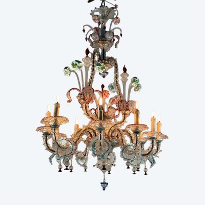 Rezzonico Murano Glass Venetian Chandelier, Multicolored, 10 Light Arms
