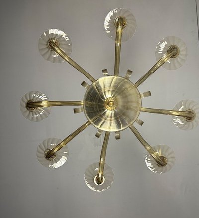Venetian Chandelier In Murano Gilded Glass, 8 Light Arms Circa 1940