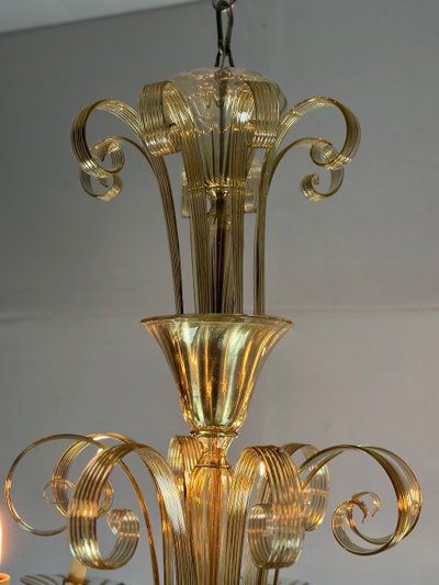 Venetian Chandelier In Murano Gilded Glass, 8 Light Arms Circa 1940