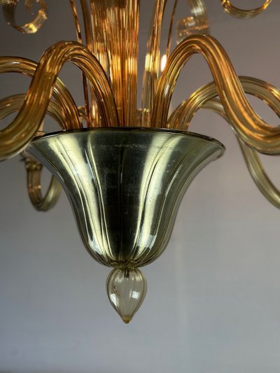 Venetian Chandelier In Murano Gilded Glass, 8 Light Arms Circa 1940
