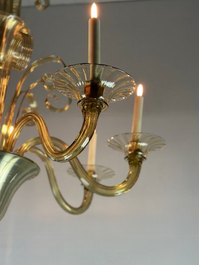 Venetian Chandelier In Murano Gilded Glass, 8 Light Arms Circa 1940