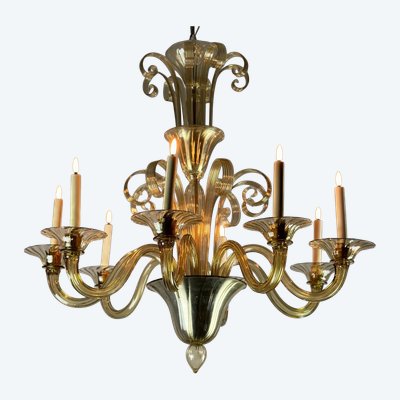 Venetian Chandelier In Murano Gilded Glass, 8 Light Arms Circa 1940