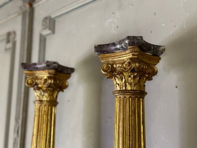 Paar Säulen Aus Holz Geschnitzt Und Vergoldet XVIII Jahrhundert