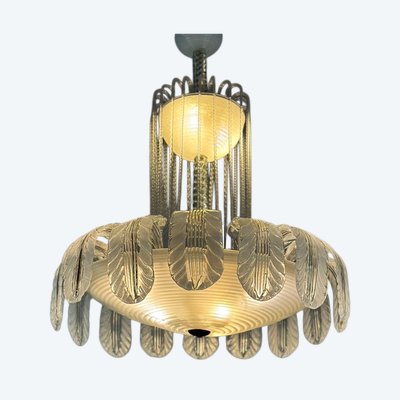 Venetian Fountain Chandelier In Murano Glass Colorless Green 1940
