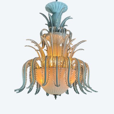 Venetian chandelier in white and gold Murano glass, circa 1980