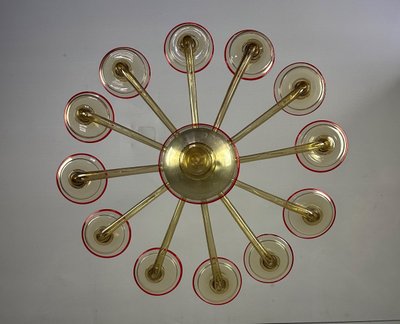 Venezianischer Kronleuchter aus Muranoglas in Mordoré mit rotem Netz, Venini Um 1940