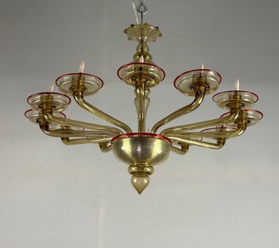 Venezianischer Kronleuchter aus Muranoglas in Mordoré mit rotem Netz, Venini Um 1940